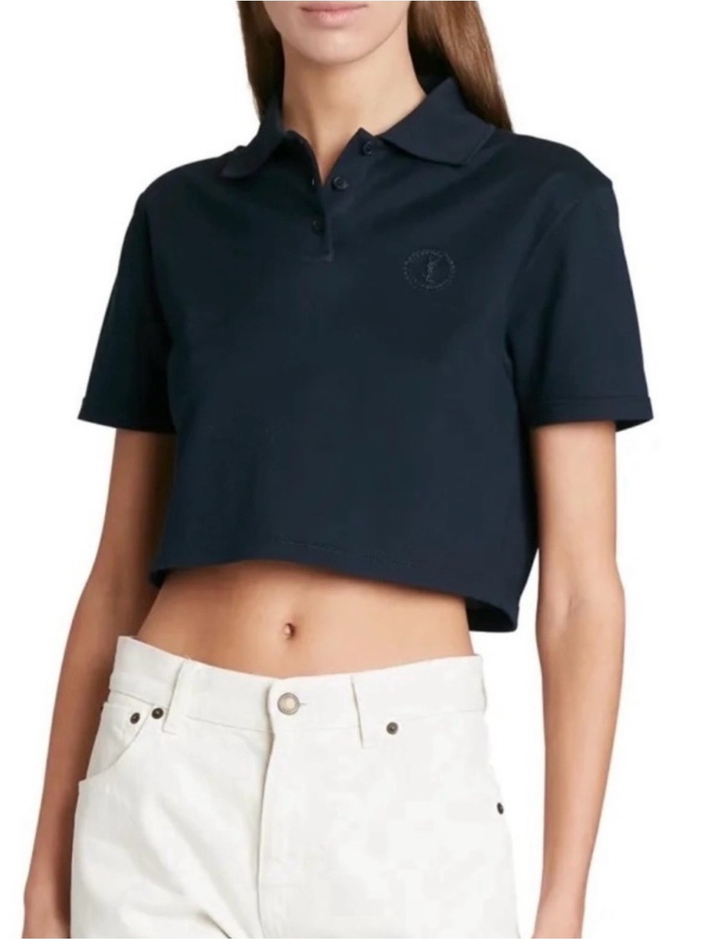 Saint Laurent Logo-Embroidered Cropped Polo Shirt Short Sleeve Size L